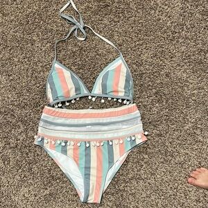 Pink Lily Blue and Pink Bikini Set with Pom Pom Trim